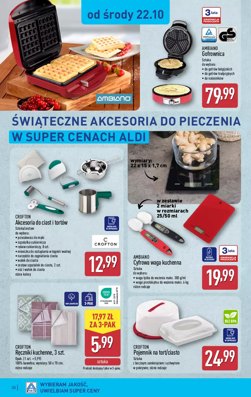 Gazetka promocyjna Aldi - Pełna oferta - ważna 20.10 do 25.10.2025 - strona 30 - produkty: Cukier, Gofrownica, LG, Miseczka, Piec, Pojemnik, Ręcznik, Szpatułka, Waga, Wałek, Wałek do ciasta, Wełna