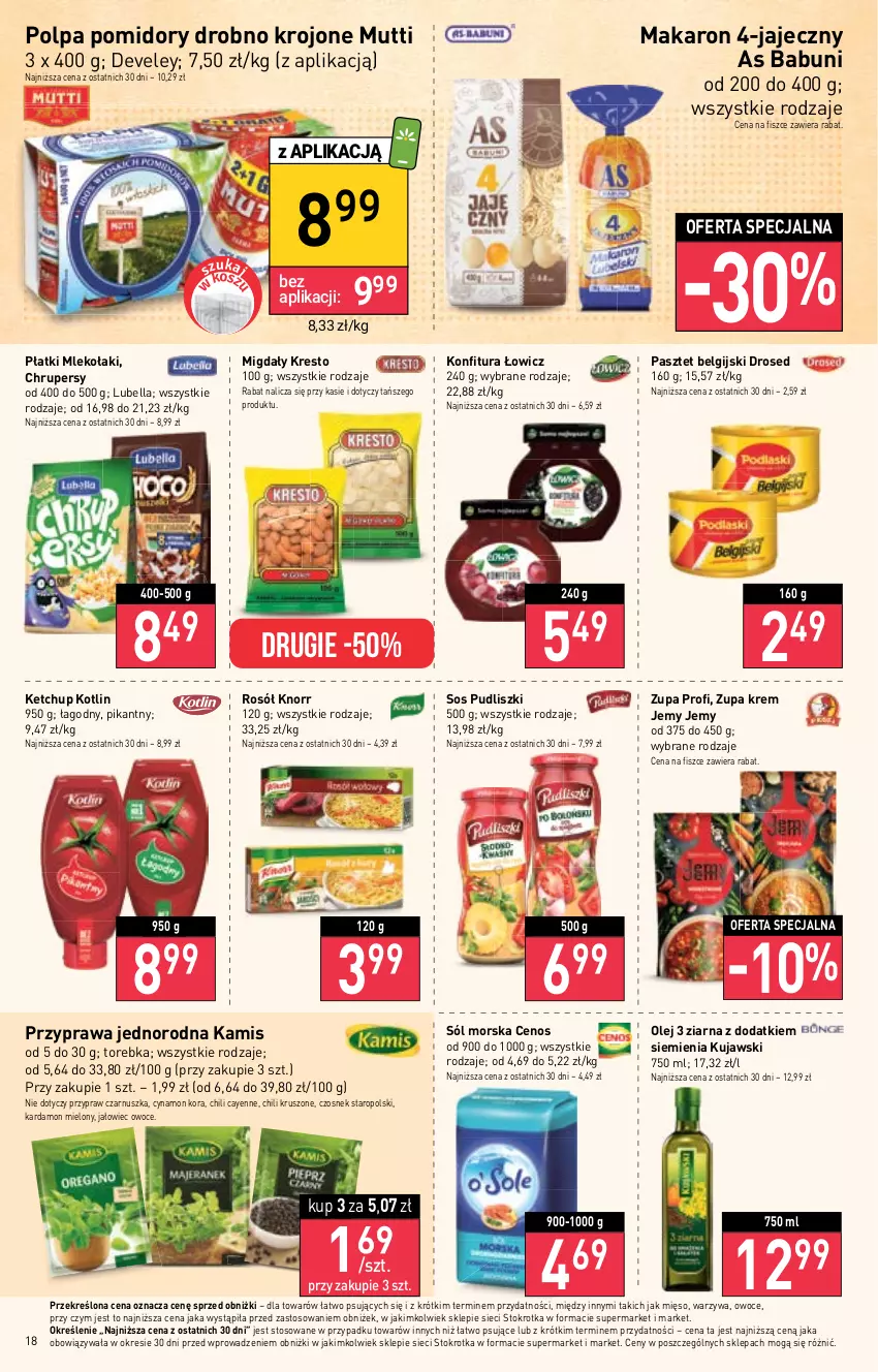 Gazetka promocyjna Stokrotka - Supermarket - ważna 26.10 do 02.11.2023 - strona 19 - produkty: Babuni, Bell, Bella, Cenos, Czosnek, Kamis, Ketchup, Knorr, Konfitura, Kotlin, Kujawski, LG, Lubella, Makaron, Mięso, Migdały, Mleko, Olej, Owoce, Pasztet, Pomidory, Pudliszki, Rosół, Sól, Sos, Torebka, Warzywa, Zupa