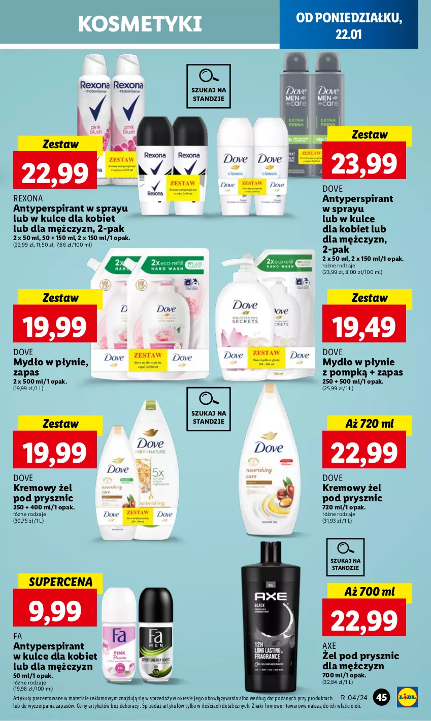 Gazetka promocyjna Lidl - GAZETKA - ważna 22.01 do 24.01.2024 - strona 47 - produkty: Antyperspirant, Dove, Fa, Mydło, Mydło w płynie, Rexona