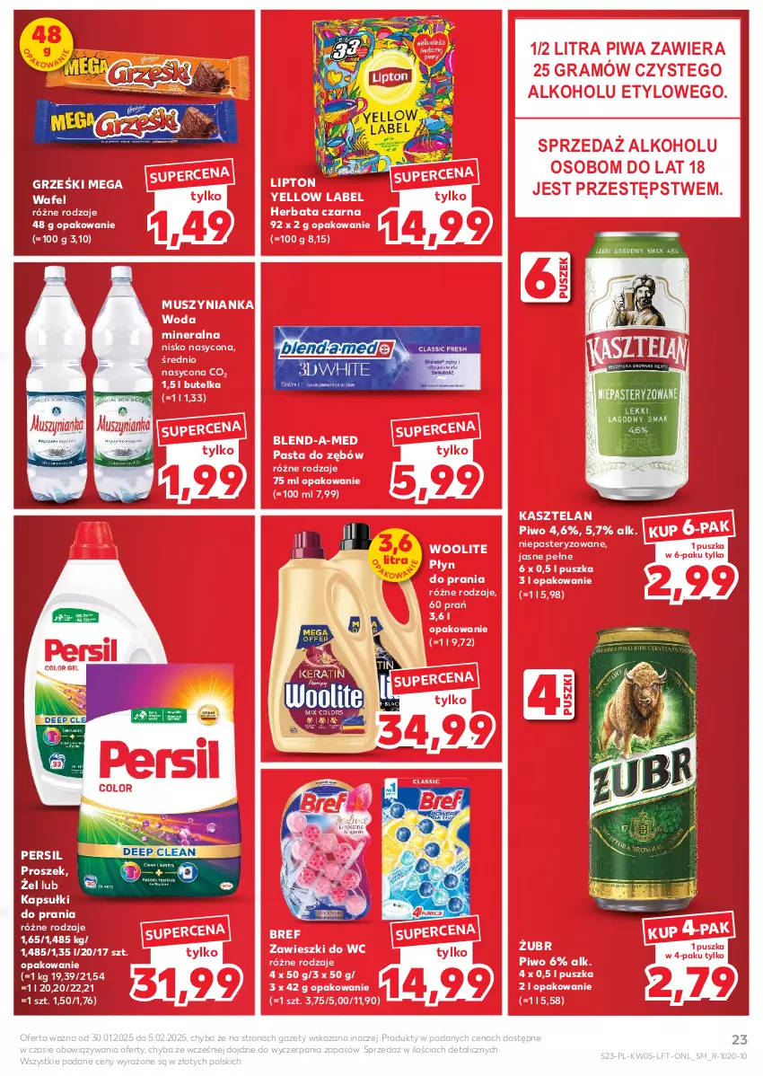 Gazetka promocyjna Kaufland - Gazetka tygodnia - ważna 30.01 do 05.02.2025 - strona 23 - produkty: Blend-a-Med, Bref, Gra, Grześki, Herbata, Herbata czarna, Kapsułki do prania, Kasztelan, Lipton, Mus, Muszynianka, O nas, Pasta do zębów, Persil, Piwa, Piwo, Płyn do prania, Woda, Woda mineralna, Woolite, Zawieszki