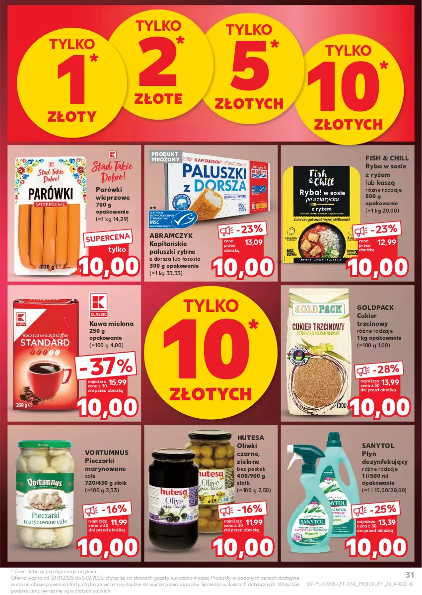 Gazetka promocyjna Kaufland - Gazetka tygodnia - ważna 30.01 do 05.02.2025 - strona 31 - produkty: Cukier, Cukier trzcinowy, Dorsz, Kawa, Kawa mielona, Oliwki, Oliwki czarne, Paluszki rybne, Parówki, Piec, Ryba, Ryż, Sanytol, Sos, Stek