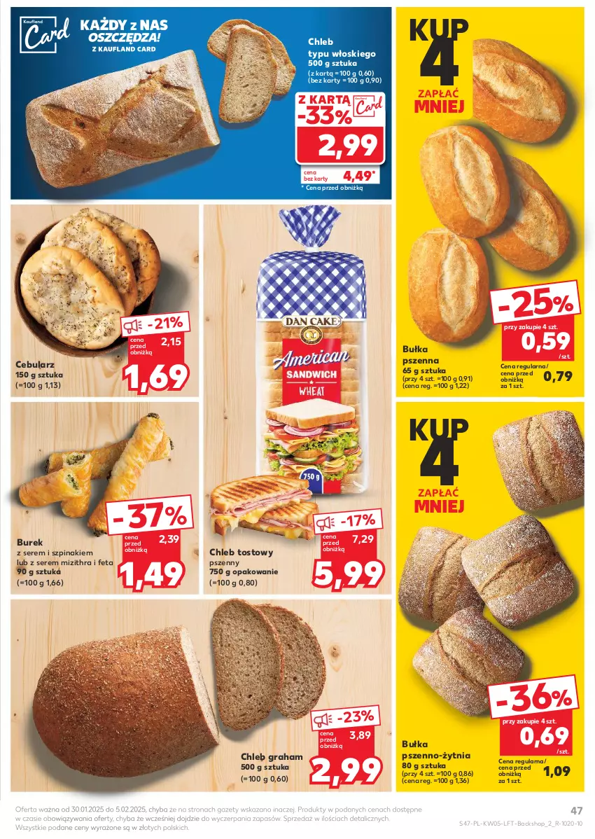 Gazetka promocyjna Kaufland - Gazetka tygodnia - ważna 30.01 do 05.02.2025 - strona 47 - produkty: Bułka, Cebula, Chleb, Chleb tostowy, Chleb typu włoskiego, Feta, Gra, Ser, Szpinak