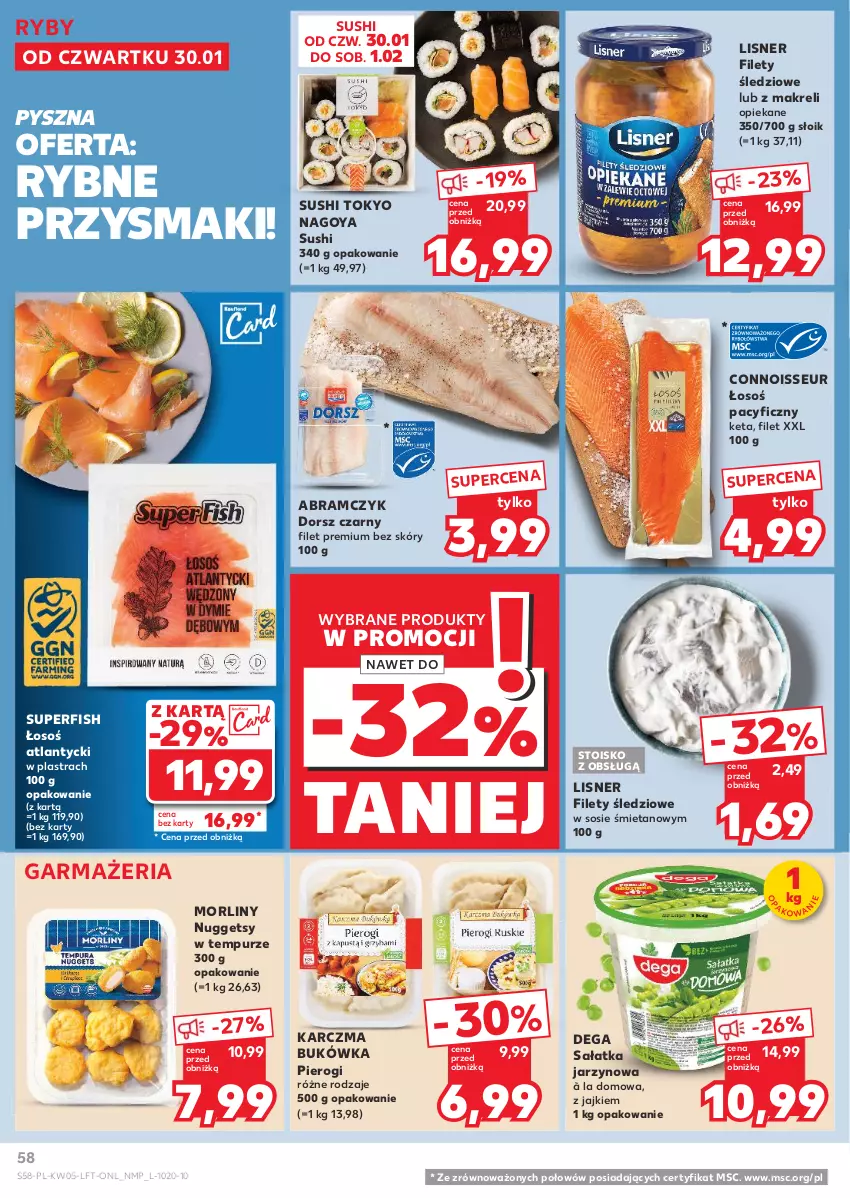 Gazetka promocyjna Kaufland - Gazetka tygodnia - ważna 30.01 do 05.02.2025 - strona 58 - produkty: Dega, Dorsz, Lisner, Morliny, Pierogi, Przysmaki, Pur, Sałat, Sałatka, Sos, Sushi