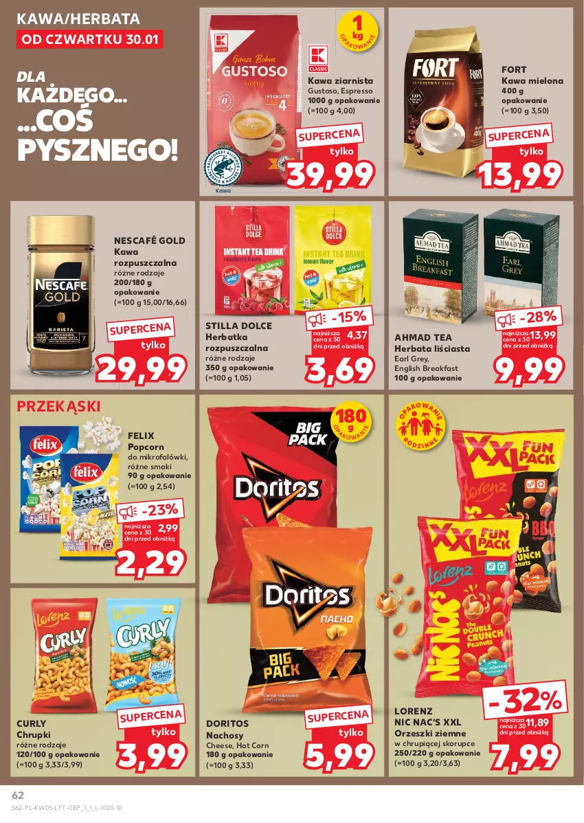 Gazetka promocyjna Kaufland - Gazetka tygodnia - ważna 30.01 do 05.02.2025 - strona 62 - produkty: Chrupki, Earl Grey, Fa, Felix, Herbata, Kawa, Kawa mielona, Kawa rozpuszczalna, Kawa ziarnista, Lorenz, Nescafé, Orzeszki, Orzeszki ziemne, Popcorn