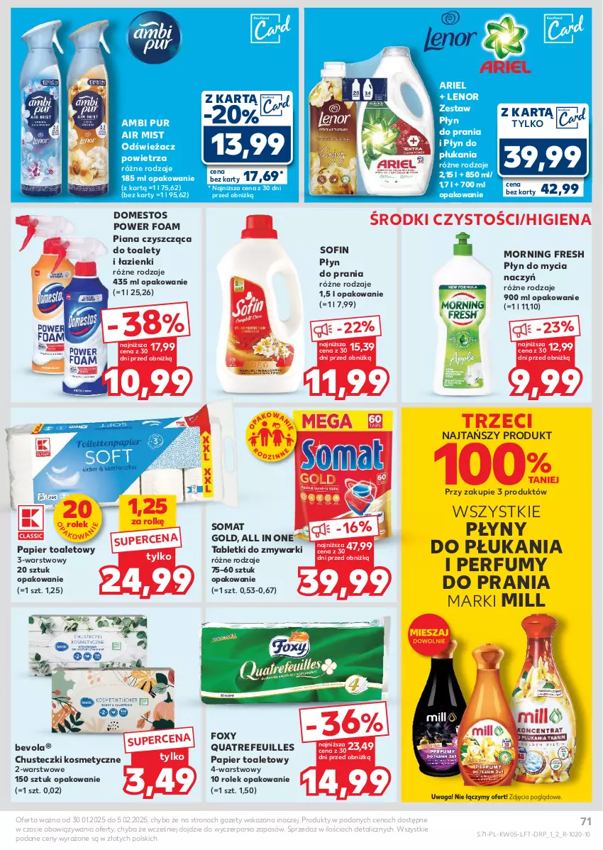 Gazetka promocyjna Kaufland - Gazetka tygodnia - ważna 30.01 do 05.02.2025 - strona 71 - produkty: Ambi Pur, Ariel, Chusteczki, Chusteczki kosmetyczne, Do mycia naczyń, Domestos, Foxy, Lenor, Odświeżacz powietrza, Papier, Papier toaletowy, Perfum, Płyn do mycia, Płyn do mycia naczyń, Płyn do płukania, Płyn do prania, Pur, Somat, Somat gold, Tablet, Tabletki do zmywarki, Waga, Zmywarki