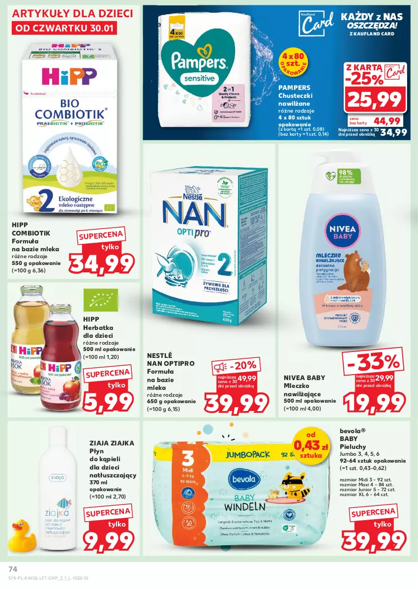 Gazetka promocyjna Kaufland - Gazetka tygodnia - ważna 30.01 do 05.02.2025 - strona 74 - produkty: Chusteczki, Dzieci, HiPP, Mleczko, NAN Optipro, Nestlé, Nivea, Nivea Baby, Pampers, Pieluchy, Płyn do kąpieli, Ziaja, Ziajka