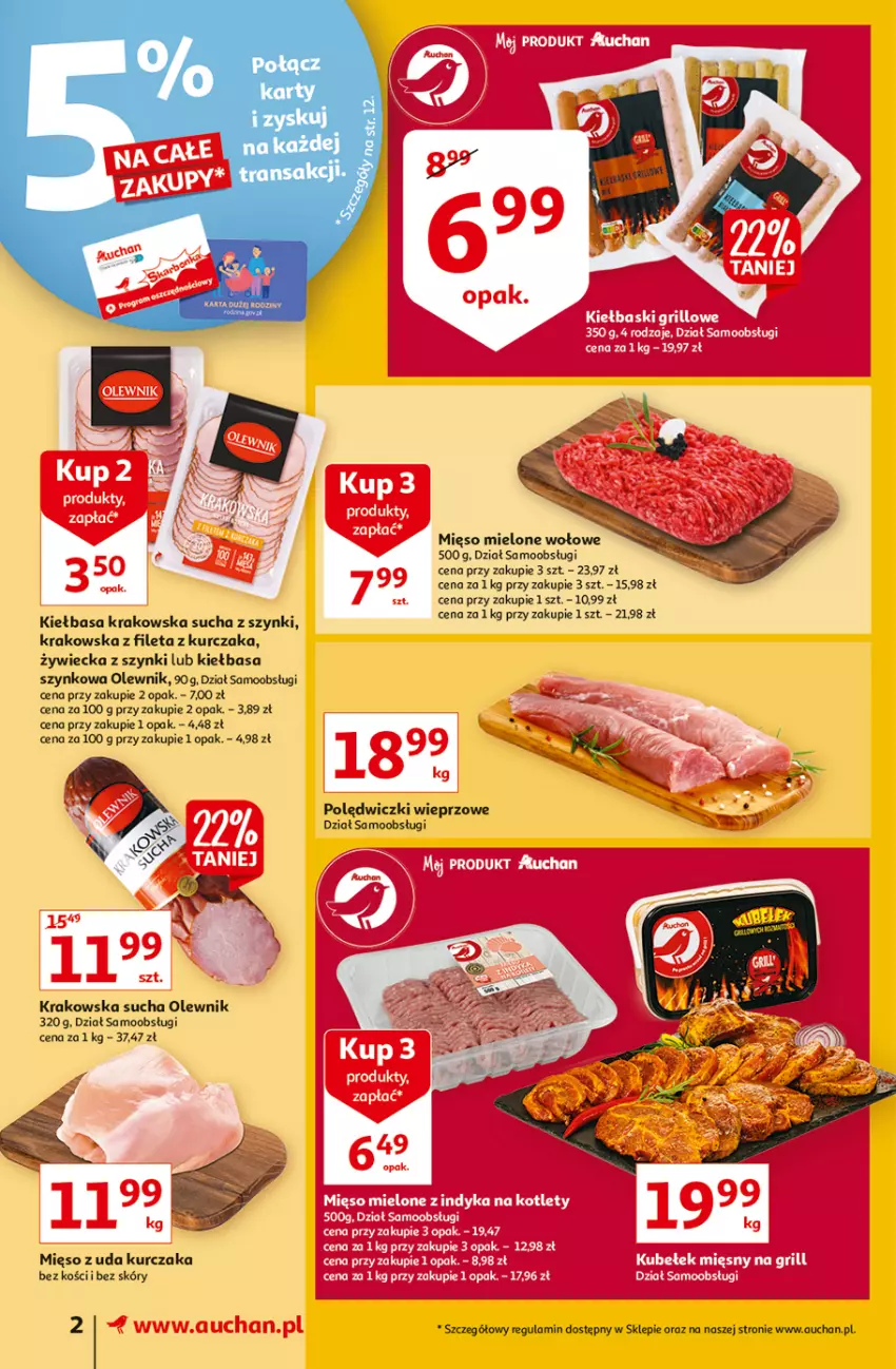 Gazetka promocyjna Auchan - Rysują się soczyste i smakowite okazje Supermarkety - ważna 05.08 do 11.08.2021 - strona 2 - produkty: Fa, Kiełbasa, Kiełbasa krakowska, Kiełbasa szynkowa, Kurczak, Mięso, Mięso z uda kurczaka, Olewnik