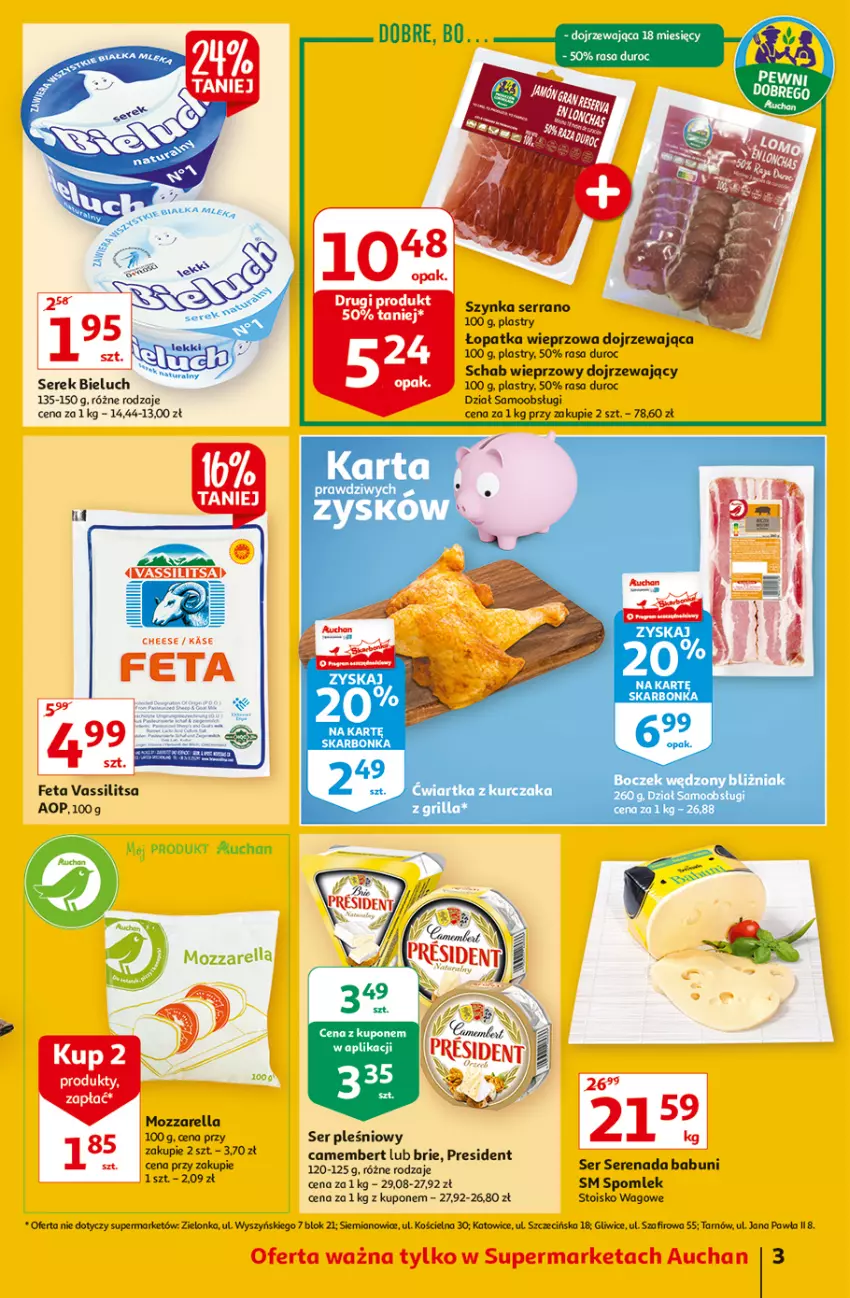 Gazetka promocyjna Auchan - Rysują się soczyste i smakowite okazje Supermarkety - ważna 05.08 do 11.08.2021 - strona 3 - produkty: Bieluch, Brie, Fa, Feta, Kurczak, Mozzarella, Schab wieprzowy, Ser, Ser pleśniowy, Serek, Szynka