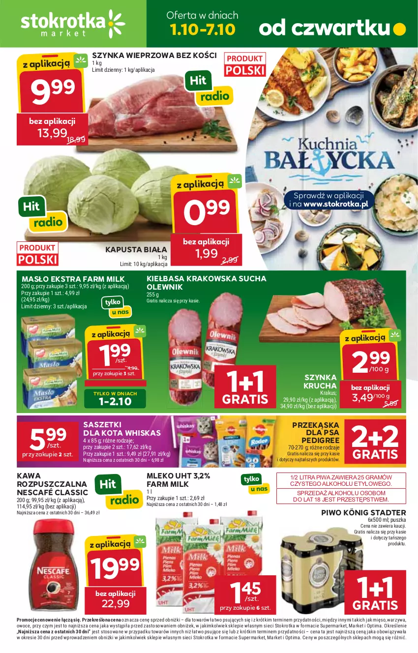 Gazetka promocyjna Stokrotka - Market - ważna 01.10 do 07.10.2026 - strona 1 - produkty: Fa, Farm Milk, Gra, Kawa, Kawa rozpuszczalna, Kiełbasa, Kiełbasa krakowska, König, Krakus, Masło, Mięso, Mleko, Nescafé, Olewnik, Optima, Owoce, Pedigree, Piwa, Piwo, Szynka, Szynka wieprzowa, Warzywa, Whiskas