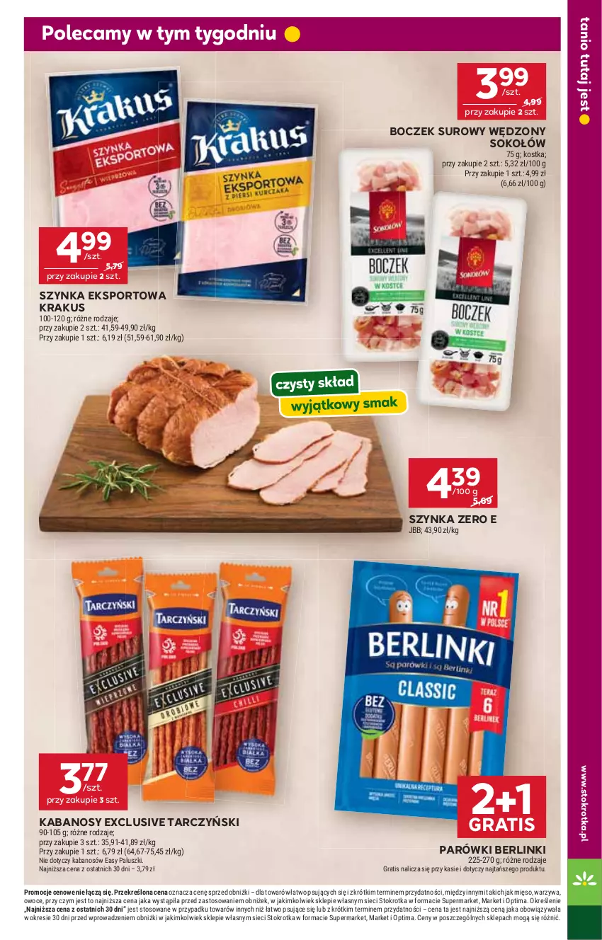 Gazetka promocyjna Stokrotka - Market - ważna 01.10 do 07.10.2026 - strona 13 - produkty: Berlinki, Boczek, Gra, Kabanos, Krakus, Mięso, Optima, Owoce, Parówki, Por, Sok, Sokołów, Sport, Szynka, Tarczyński, Warzywa