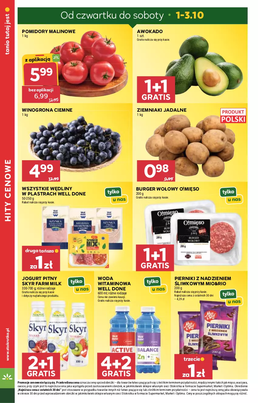 Gazetka promocyjna Stokrotka - Market - ważna 01.10 do 07.10.2026 - strona 2 - produkty: Burger, Fa, Farm Milk, Gra, Jogurt, Jogurt pitny, Mięso, Optima, Owoce, Piernik, Pomidory, Warzywa, Wino, Winogrona, Woda, Ziemniaki