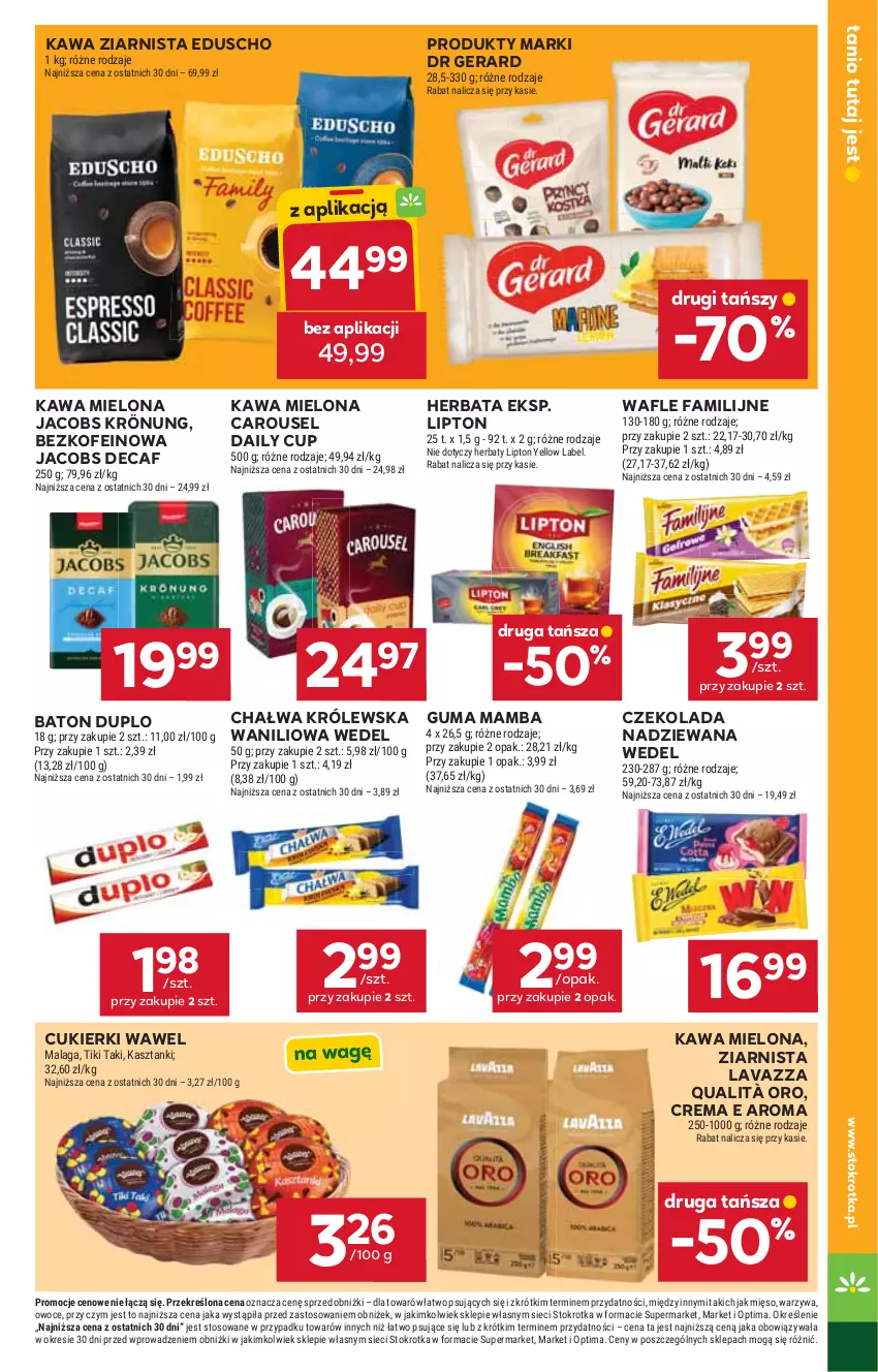 Gazetka promocyjna Stokrotka - Market - ważna 01.10 do 07.10.2026 - strona 29 - produkty: Baton, Chałwa, Cukier, Cukierki, Czekolada, Czekolada nadziewana, Dr Gerard, Fa, Herbata, Jacobs, Jacobs Krönung, Kawa, Kawa mielona, Kawa ziarnista, Lavazza, Lipton, Mamba, Mięso, Optima, Owoce, Wafle, Warzywa, Wawel