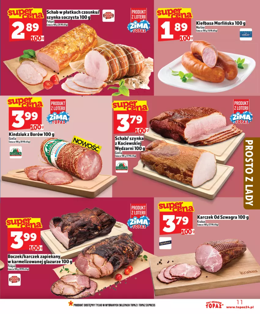 Gazetka promocyjna Topaz - Gazetka - ważna 15.01 do 21.01.2026 - strona 11 - produkty: Boczek, Gra, Kiełbasa, Kindziuk, Koc, Krakus, Lazur, Morliny, Pekpol, Szynka, Top