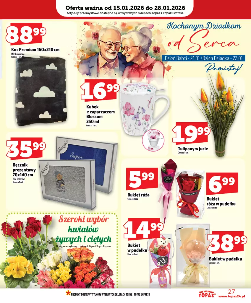 Gazetka promocyjna Topaz - Gazetka - ważna 15.01 do 21.01.2026 - strona 27 - produkty: Bukiet, Koc, Kubek, Ręcznik, Róża, Top, Tulipan, Zaparzacz