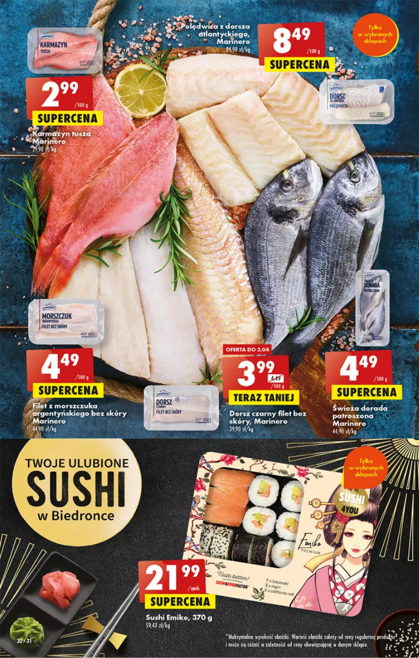 Gazetka promocyjna Biedronka - ważna 30.03 do 05.04.2023 - strona 30 - produkty: Dorsz, Fa, Filet z morszczuka, Sok, Sushi
