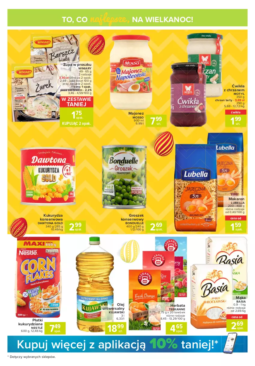 Gazetka promocyjna Carrefour - Gazetka Express - ważna 22.03 do 28.03.2021 - strona 3 - produkty: Basia, Bell, Bella, Bonduelle, Chrzan, Dawtona, Groszek, Herbata, Kosz, Kujawski, Kukurydza, Kukurydza konserwowa, Lubella, Majonez, Mąka, Makaron, Nestlé, Olej, Ser, Teekanne, Winiary, Zupa