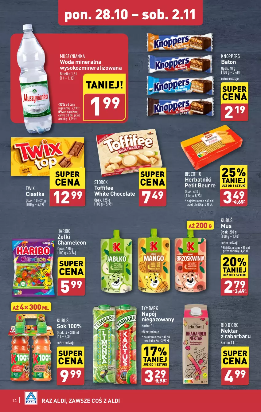 Gazetka promocyjna Aldi - Pełna oferta - ważna 28.10 do 02.11.2024 - strona 14 - produkty: Baton, Ciastka, Eleo, Haribo, Herbatniki, Herbatniki Petit Beurre, Knoppers, Kubuś, Leon, Mus, Muszynianka, Napój, Napój niegazowany, Nektar, Sok, Toffifee, Twix, Tymbark, Woda, Woda mineralna