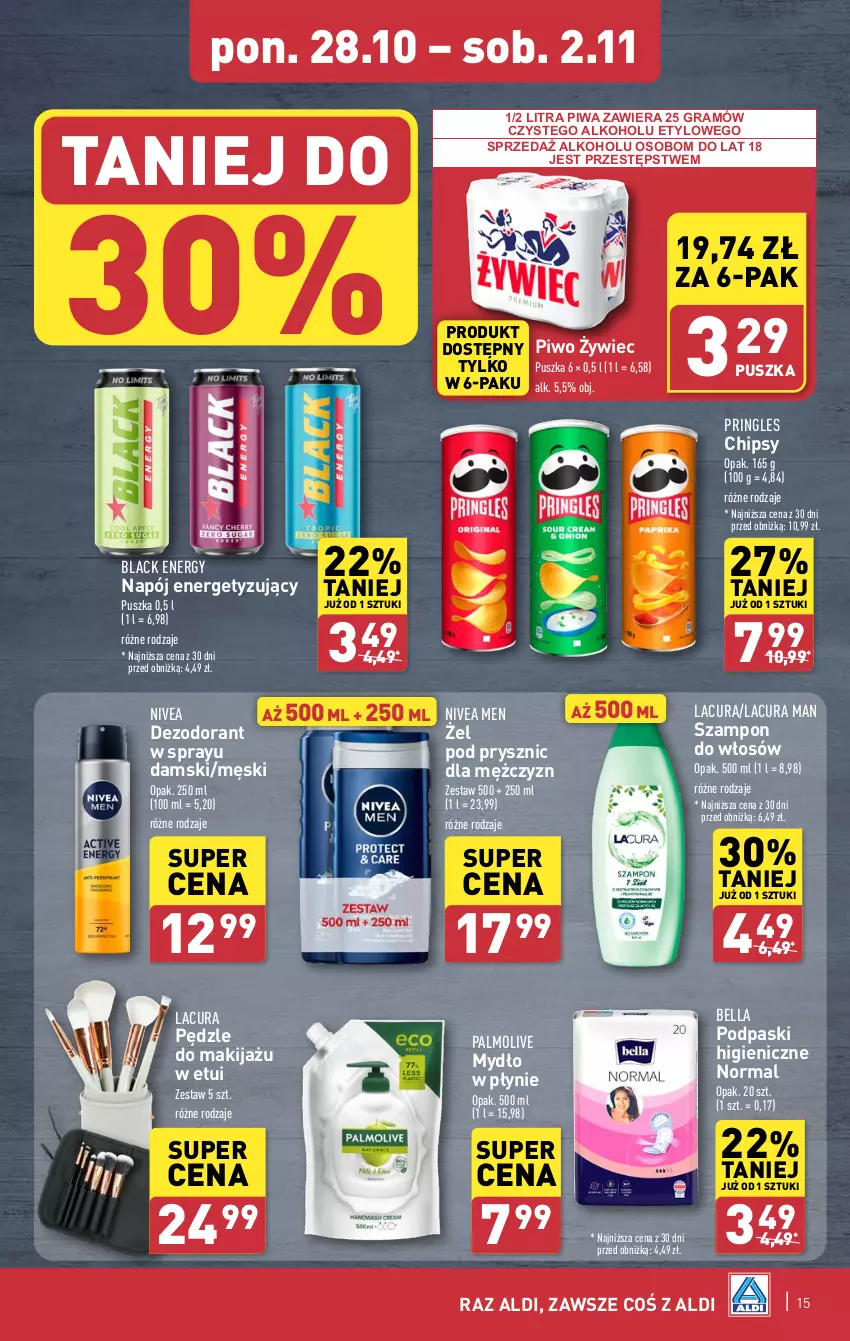 Gazetka promocyjna Aldi - Pełna oferta - ważna 28.10 do 02.11.2024 - strona 15 - produkty: Bell, Bella, Chipsy, Dezodorant, Gra, Lack, Makijaż, Mydło, Mydło w płynie, Napój, Nivea, Nivea Men, Palmolive, Piwa, Piwo, Podpaski, Pringles, Szampon