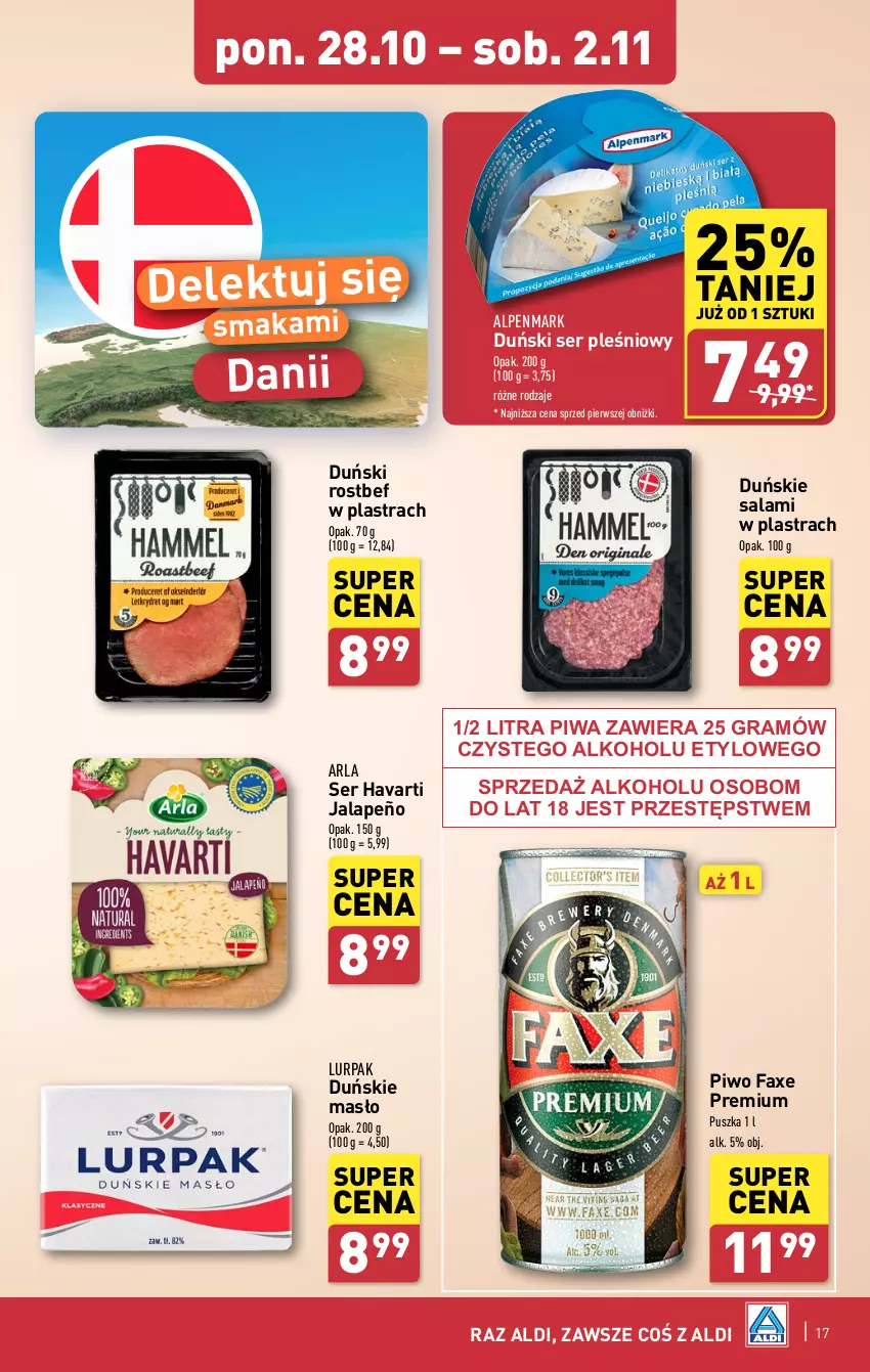 Gazetka promocyjna Aldi - Pełna oferta - ważna 28.10 do 02.11.2024 - strona 17 - produkty: Fa, Gra, Havarti, Lurpak, Masło, Piwa, Piwo, Rostbef, Salami, Ser, Ser pleśniowy