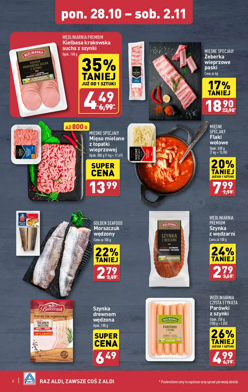 Gazetka promocyjna Aldi - Pełna oferta - ważna 28.10 do 02.11.2024 - strona 6 - produkty: Flaki, Flaki wołowe, Golden Seafood, Kiełbasa, Kiełbasa krakowska, Mięsne specjały, Mięso, Mięso mielone, Mięso mielone z łopatki wieprzowej, Parówki, Parówki z szynki, Szynka