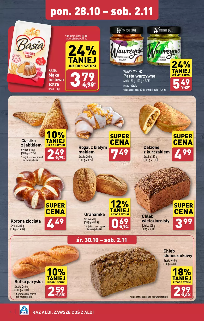 Gazetka promocyjna Aldi - Pełna oferta - ważna 28.10 do 02.11.2024 - strona 8 - produkty: Basia, Bułka, Chleb, Chleb wieloziarnisty, Gra, Kurczak, Mąka, Mąka tortowa, Pasta warzywna, Rogal