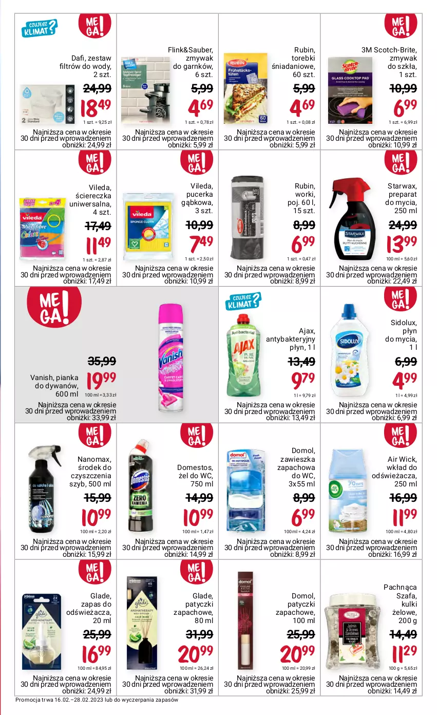 Gazetka promocyjna Rossmann - 16 Luty - ważna 16.02 do 28.02.2023 - strona 3 - produkty: Air Wick, Ajax, Brit, Danio, Domestos, Domol, Dywan, Fa, Nanomax, Płyn do mycia, Rubin, Sidolux, Szafa, Vanish, Vileda