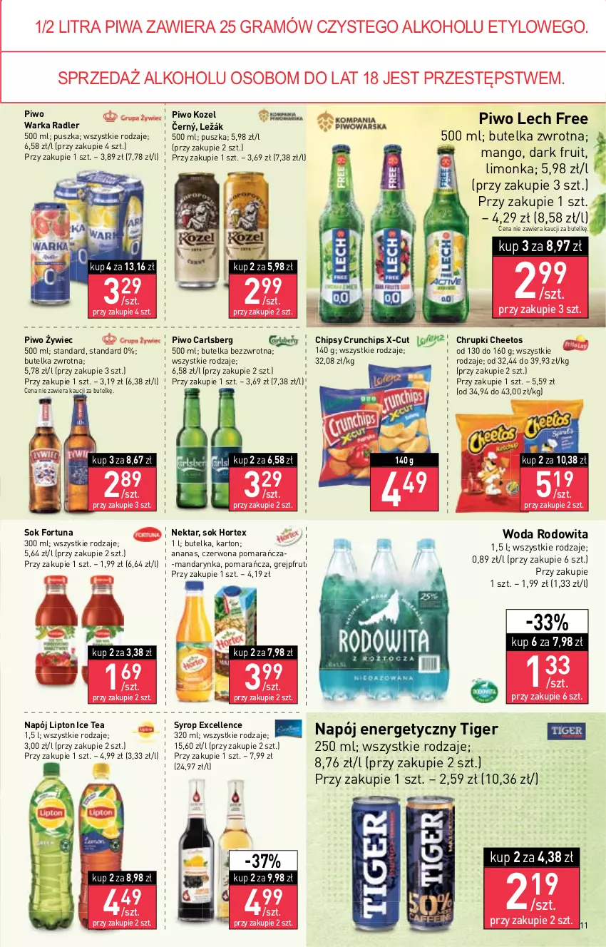 Gazetka promocyjna Stokrotka - Supermarket - ważna 15.09 do 21.09.2022 - strona 11 - produkty: Ananas, Carlsberg, Cheetos, Chipsy, Chrupki, Crunchips, Fortuna, Gra, Grejpfrut, Hortex, Ice tea, Kozel, Limonka, Lipton, Mango, Napój, Napój energetyczny, Nektar, Piwa, Piwo, Radler, Sok, Syrop, Tiger, Warka, Woda