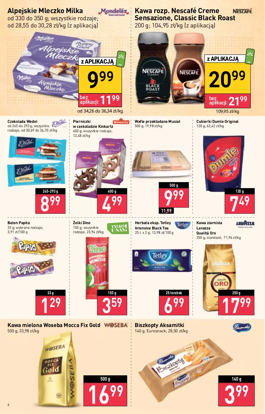 Gazetka promocyjna Stokrotka - Supermarket - ważna 15.09 do 21.09.2022 - strona 6 - produkty: Aksam, Baton, Biszkopty, Cukier, Cukierki, Czekolada, Gin, Herbata, Inka, Kawa, Kawa mielona, Kawa ziarnista, Lack, Lavazza, Milka, Mleczko, Mocca Fix Gold, Mus, Nescafé, Tetley, Wafle, Woseba