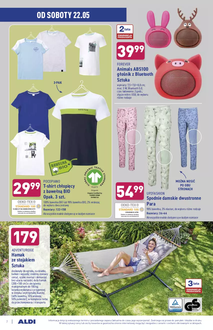 Gazetka promocyjna Aldi - ważna 17.05 do 22.05.2021 - strona 7 - produkty: Fa, Głośnik, Hama, Leżanka, Pocopiano, Por, Spodnie, Sport, Stojak, T-shirt, Torba, Tran, Wełna