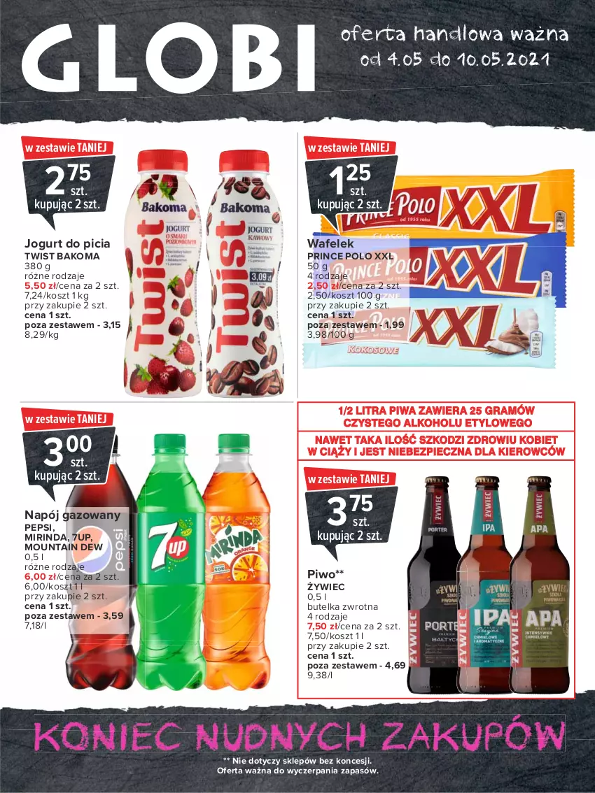 Gazetka promocyjna Carrefour - Gazetka Globi - ważna 03.05 do 10.05.2021 - strona 1 - produkty: 7up, Bakoma, Gra, Jogurt, Kosz, Mirinda, Napój, Napój gazowany, Pepsi, Piec, Piwa, Piwo, Prince Polo, Wafelek