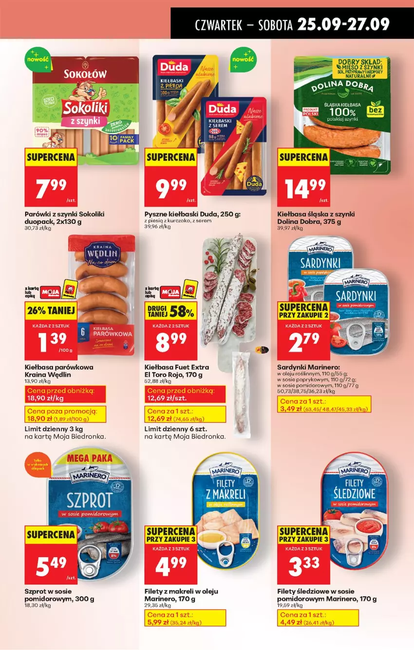 Gazetka promocyjna Biedronka - Od Czwartku - ważna 25.09 do 01.10.2025 - strona 47 - produkty: Duda, Fa, Kaki, Kiełbasa, Kiełbasa śląska, Kurczak, Olej, Parówki, Parówki z szynki, Sardynki, Ser, Sok, Sos, Szprot, Szprot w sosie