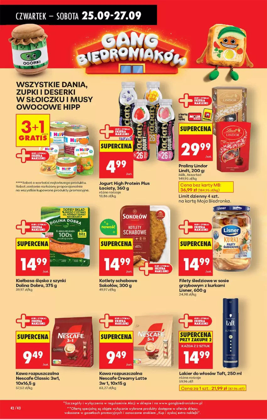 Gazetka promocyjna Biedronka - Od Czwartku - ważna 25.09 do 01.10.2025 - strona 52 - produkty: Deser, HiPP, Jogurt, Kawa, Kawa rozpuszczalna, Kiełbasa, Kiełbasa śląska, Kotlet, Lakier, Lakier do włosów, Lindor, Lindt, Lisner, Mus, Por, Praliny, Ser, Sok, Sokołów, Sos, Taft
