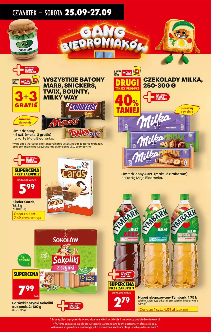 Gazetka promocyjna Biedronka - Od Czwartku - ważna 25.09 do 01.10.2025 - strona 54 - produkty: Baton, Bounty, Gra, Kinder, Klej, LG, Mars, Mięta, Milka, Milky Way, Mus, Napój, Napój niegazowany, Parówki, Parówki z szynki, Piec, Por, Snickers, Sok, Twix, Tymbark