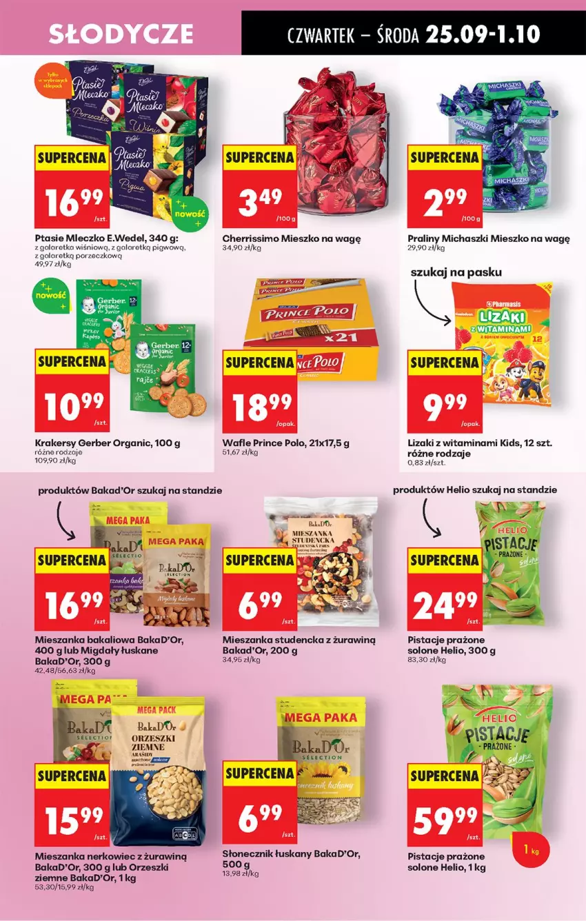 Gazetka promocyjna Biedronka - Od Czwartku - ważna 25.09 do 01.10.2025 - strona 57 - produkty: Gala, Galaretka, Gerber, Helio, Krakersy, Lizaki, Mieszanka bakaliowa, Mieszanka nerkowiec, Mieszanka studencka, Migdały, Mleczko, Orzeszki, Orzeszki ziemne, Pistacje, Por, Praliny, Prince Polo, Ptasie mleczko, Wafle