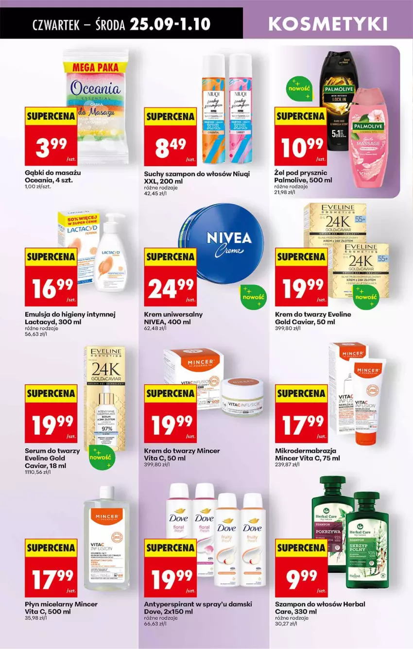 Gazetka promocyjna Biedronka - Od Czwartku - ważna 25.09 do 01.10.2025 - strona 62 - produkty: Antyperspirant, Dove, Emulsja, Eveline, Fa, Flora, Krem do twarzy, Krem uniwersalny, Lactacyd, Mars, Mincer, Niuqi, Nivea, Palmolive, Płyn micelarny, Rum, Ser, Serum, Serum do twarzy, Suchy szampon, Szampon, Vita C