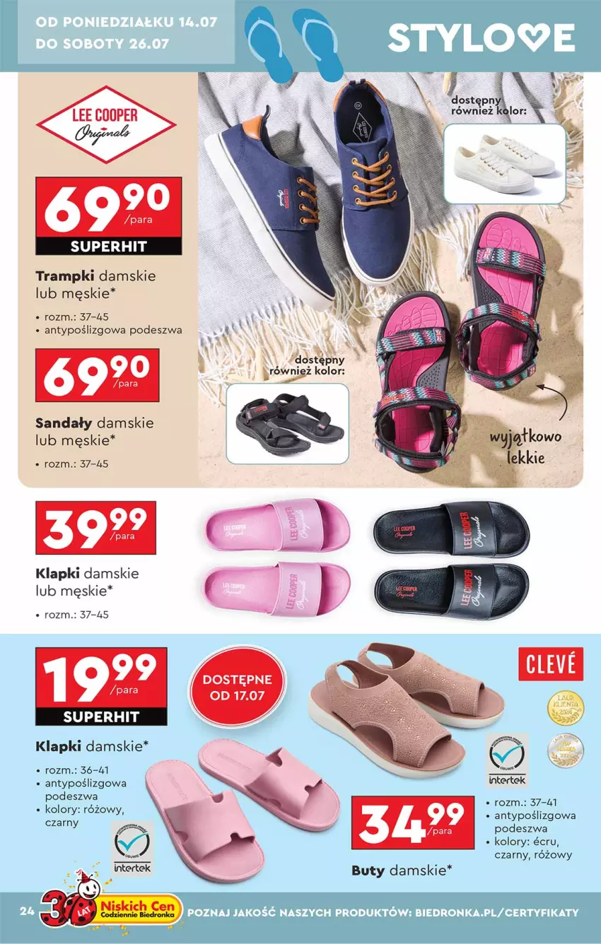 Gazetka promocyjna Biedronka - Okazje Tygodnia - ważna 14.07 do 26.07.2025 - strona 24 - produkty: Buty, Klapki, Laur, Sandał, Trampki
