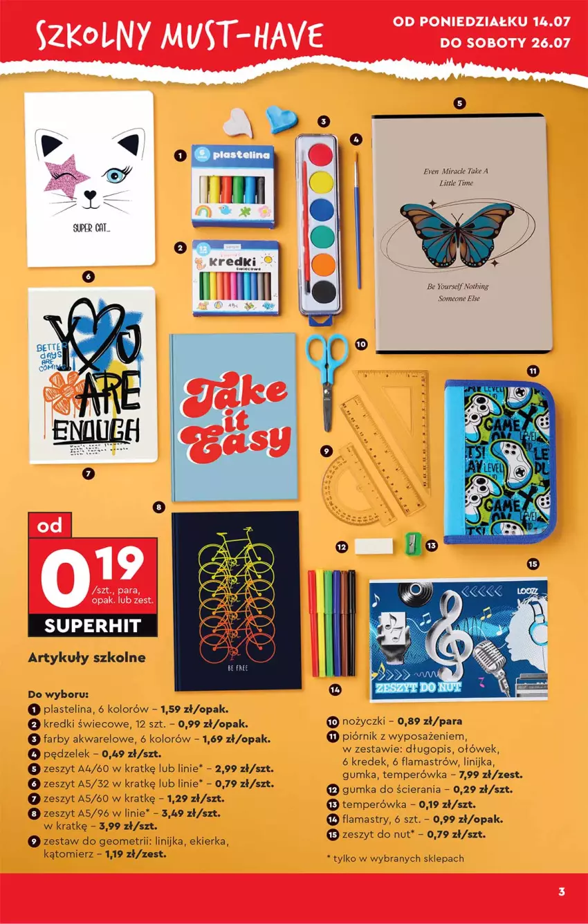 Gazetka promocyjna Biedronka - Okazje Tygodnia - ważna 14.07 do 26.07.2025 - strona 3 - produkty: Długopis, Fa, Flamastry, Noż, Nożyczki, Piórnik, Plastelina
