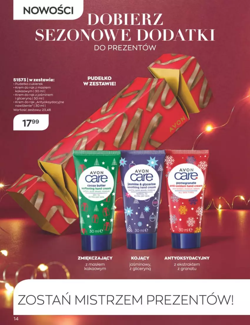 Gazetka promocyjna Avon - Katalog Avon 11/2022 kampania listopad - ważna 01.11 do 30.11.2022 - strona 14 - produkty: Gra, Granat, Kakao, Krem do rąk, Pudełko