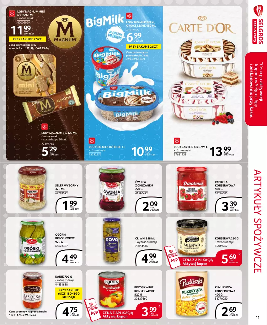 Gazetka promocyjna Selgros - Extra Oferta - ważna 01.08 do 31.08.2021 - strona 11 - produkty: Artykuły spożywcze, Big Milk, Brzoskwinie, Brzoskwinie konserwowe, Chrzan, Kukurydza, Kukurydza konserwowa, LG, Lody, Ogórki konserwowe, Oliwki, Owoce, Papryka, Ser