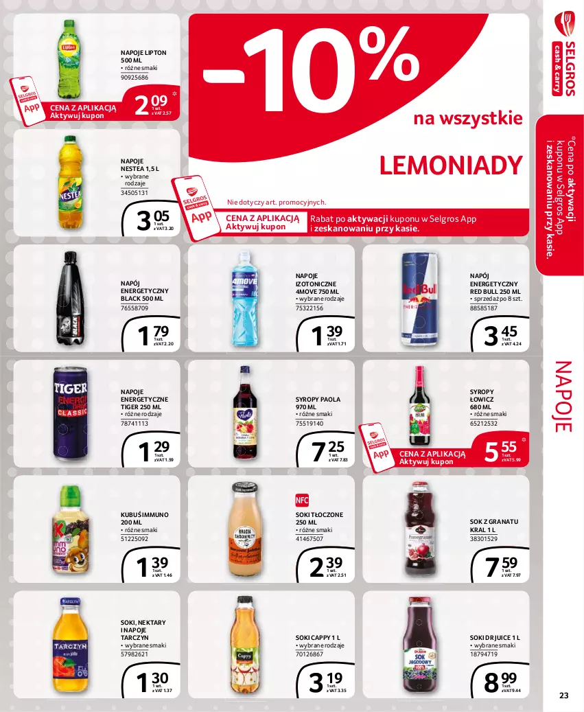 Gazetka promocyjna Selgros - Extra Oferta - ważna 01.08 do 31.08.2021 - strona 23 - produkty: Cappy, Gra, Granat, Kubuś, Lack, LG, Lipton, Napój, Napój energetyczny, Napoje, Nektar, Nestea, Paola, Red Bull, Sok, Syrop, Syropy, Tiger