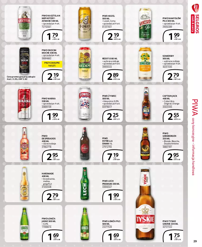 Gazetka promocyjna Selgros - Extra Oferta - ważna 01.08 do 31.08.2021 - strona 29 - produkty: Captain Jack, Desperados, Gin, Grejpfrut, Kasztelan, Koc, Kozel, Lech Premium, Namysłów, Okocim, Piwa, Piwo, Somersby, Tyskie, Warka