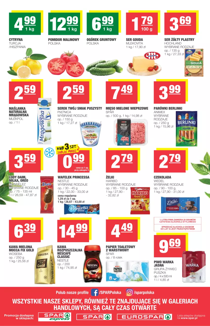 Gazetka promocyjna Spar - Express - ważna 14.04 do 20.04.2021 - strona 2 - produkty: Berlinki, Czekolada, Gouda, Grunt, Haribo, Hochland, Kawa, Kawa mielona, Maślanka, Mięso, Mięso mielone, Mleko, Mlekovita, Ogórek, Papier, Papier toaletowy, Piątnica, Piwo, Pomidor malinowy, Princessa, Ser, Serek, Wafelek, Warka, Woseba