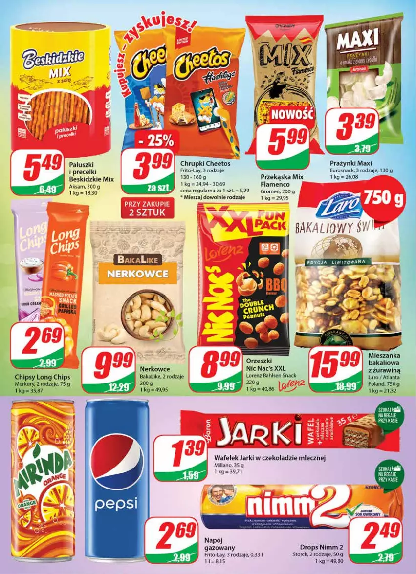 Gazetka promocyjna Dino - Gazetka - ważna 16.11 do 22.11.2022 - strona 18 - produkty: Aksam, Beskidzki, Cheetos, Chipsy, Chrupki, Lorenz, Napój, Napój gazowany, Orzeszki, Precelki, Wafelek