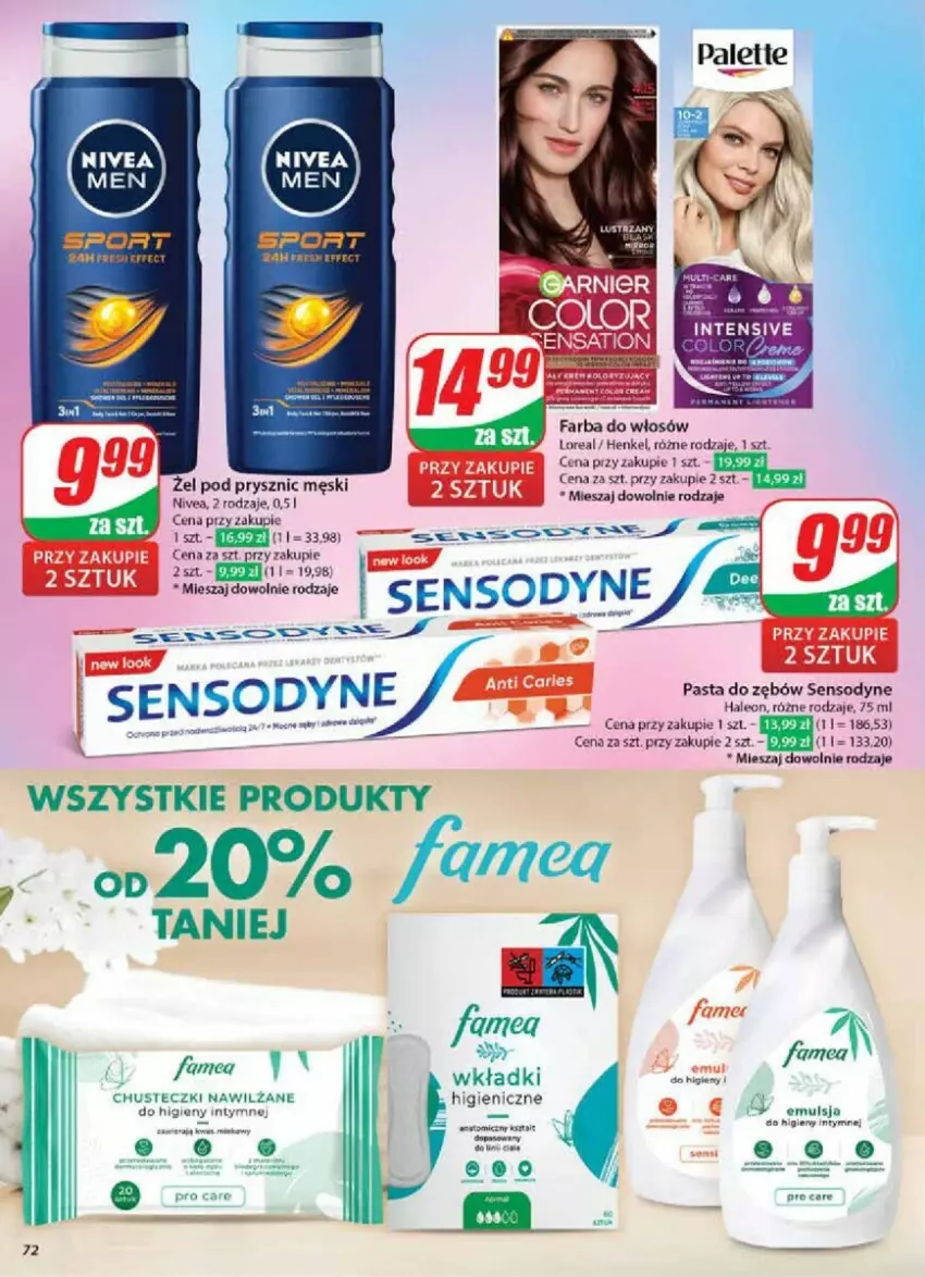 Gazetka promocyjna Dino - ważna 20.11 do 26.11.2024 - strona 70 - produkty: Emulsja, Fa, Garnier, Leon, Nivea, Palette, Pasta do zębów, Sensodyne, Wkładki