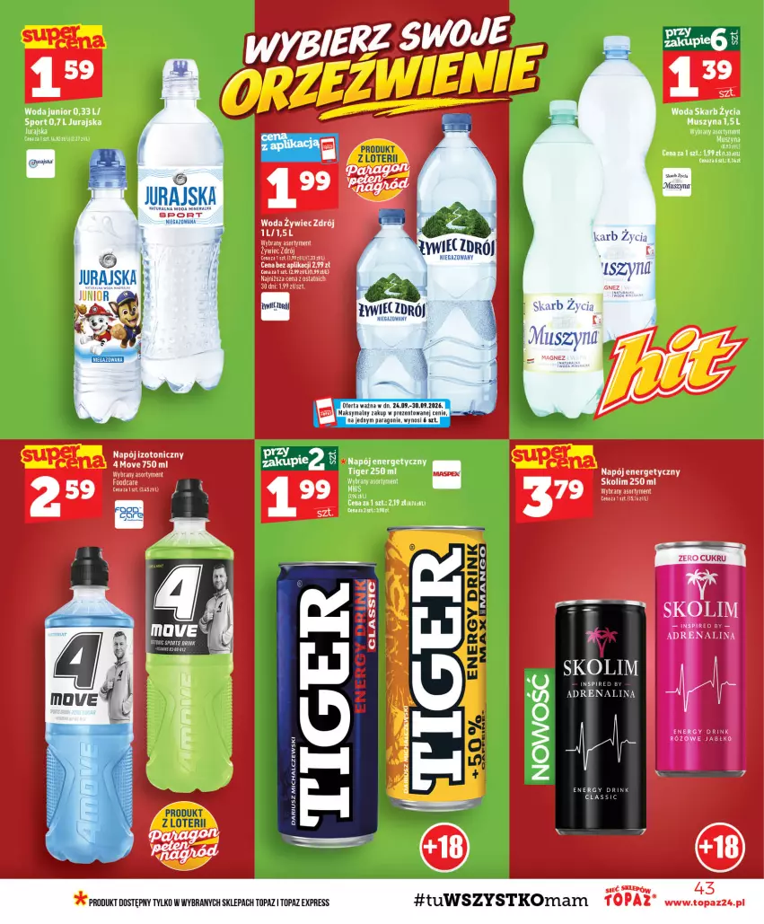 Gazetka promocyjna Topaz - Gazetka - ważna 24.09 do 30.09.2026 - strona 43 - produkty: Fa, Mus, Napój, Napój energetyczny, Por, Sport, Szyna, Tiger, Top, Woda
