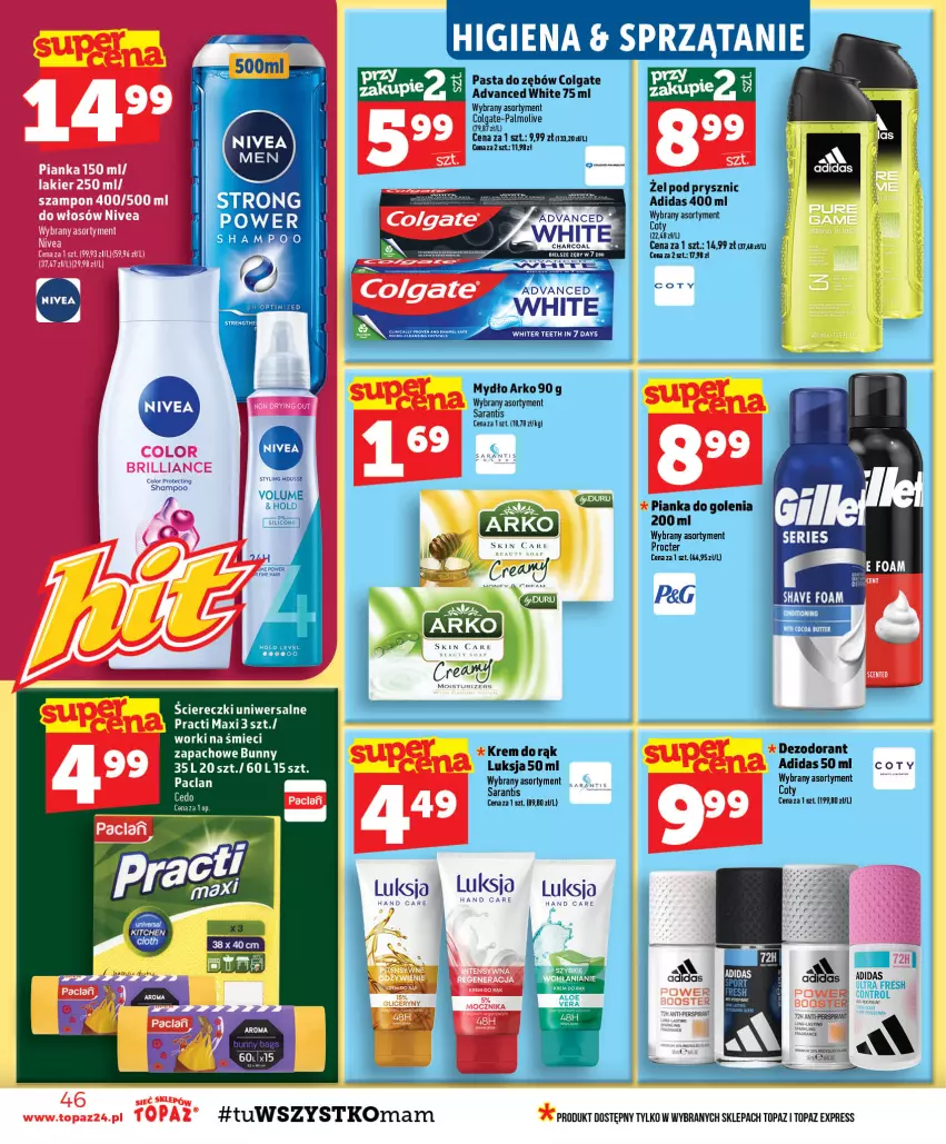 Gazetka promocyjna Topaz - Gazetka - ważna 24.09 do 30.09.2026 - strona 46 - produkty: 7 Days, Adidas, Colgate, Dezodorant, Krem do rąk, Lakier, LG, Luksja, Mydło, Nivea, Palmolive, Pasta do zębów, Pianka do golenia, Ser, Szampon, Top, Worki na śmiec, Worki na śmieci