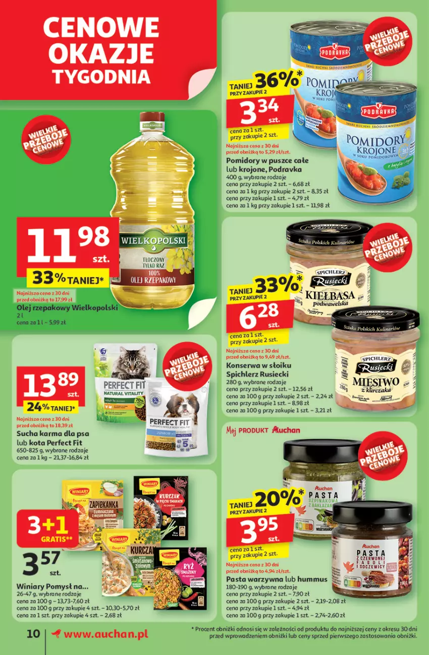 Gazetka promocyjna Auchan - LATO FIRST MINUTE Supermarket - ważna 05.06 do 11.06.2025 - strona 12 - produkty: Hummus, Kiełbasa, Mus, Olej, Olej rzepakowy, Pasta warzywna, Podravka, Pomidory, Ser, Spichlerz Rusiecki, Sucha karma, Winiary