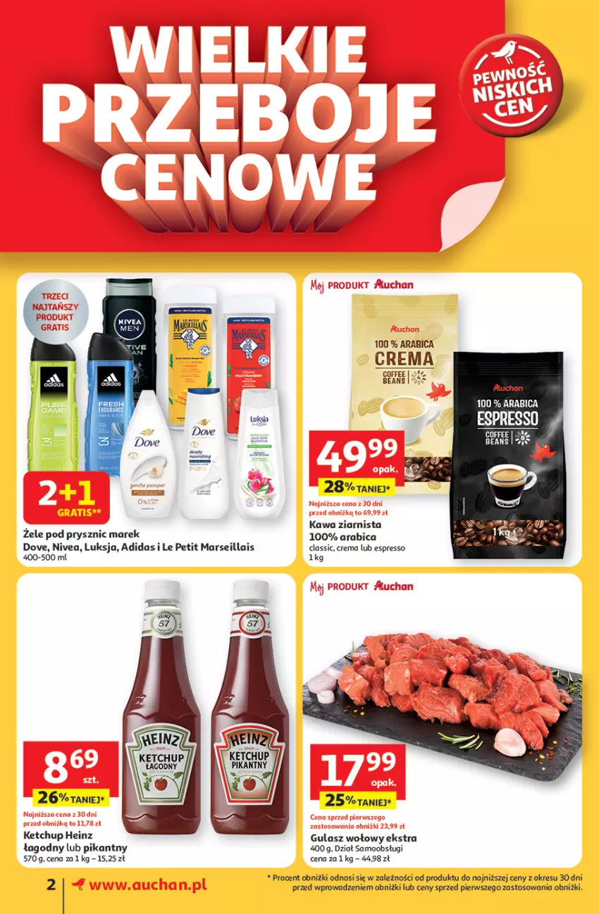Gazetka promocyjna Auchan - LATO FIRST MINUTE Supermarket - ważna 05.06 do 11.06.2025 - strona 2 - produkty: Adidas, BIC, Dove, Gulasz wołowy, Heinz, Kawa, Kawa ziarnista, Ketchup, Luksja, Mars, Nivea