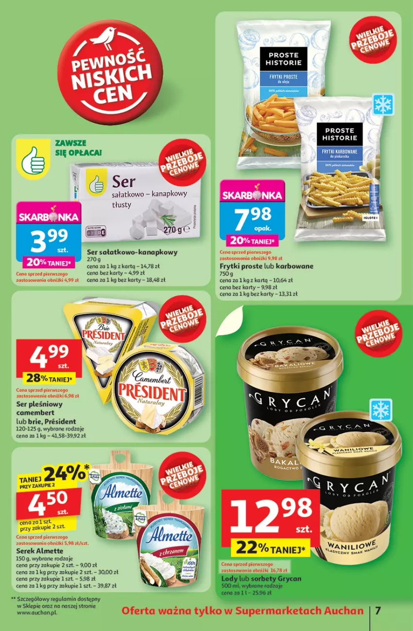 Gazetka promocyjna Auchan - LATO FIRST MINUTE Supermarket - ważna 05.06 do 11.06.2025 - strona 9 - produkty: Almette, Brie, Camembert, Frytki, Sałat, Ser, Ser pleśniowy, Ser sałatkowo-kanapkowy, Serek