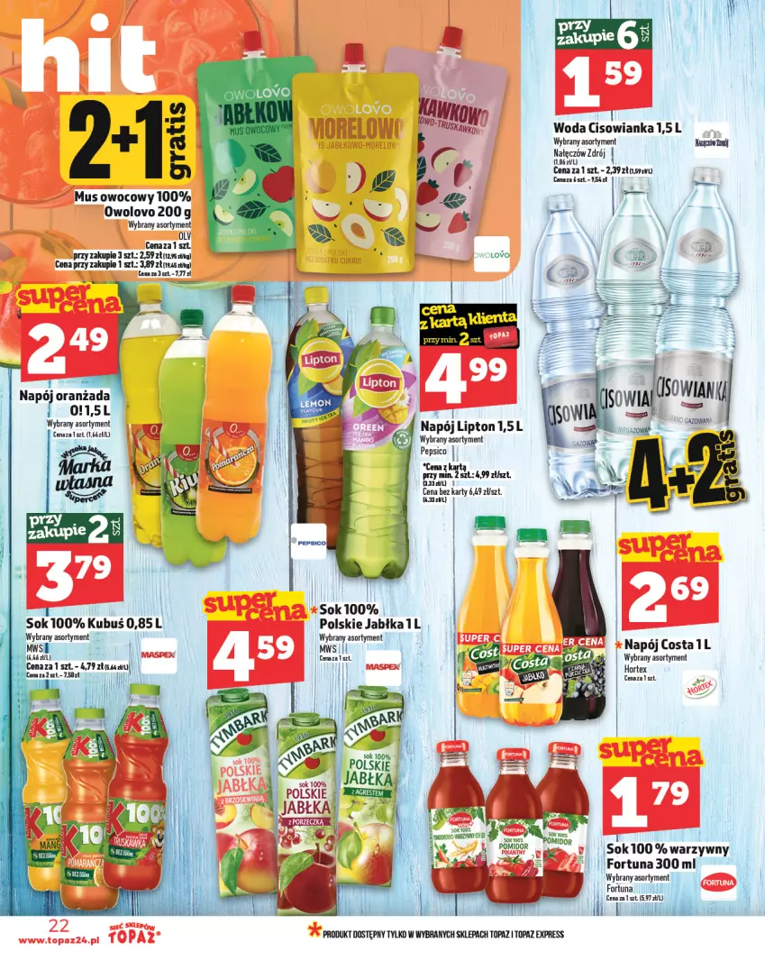 Gazetka promocyjna Topaz - Gazetka - ważna 20.02 do 26.02.2025 - strona 22 - produkty: Fortuna, Jabłka, Kubuś, Mus, Napój, Pepsi, Sok, Top, Woda